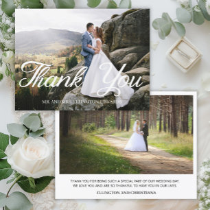 Elegant script bruiloft dank u 2 foto briefkaart
