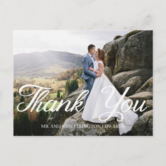Elegant script bruiloft dank u 2 foto briefkaart (Voorkant)