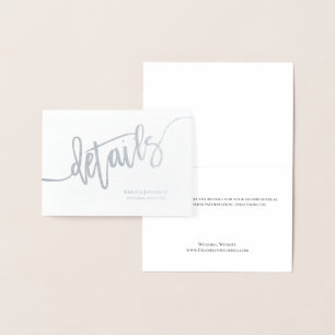 Elegant script bruiloft details behuizing zilver folie kaarten