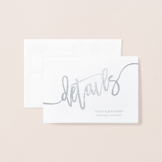 Elegant script bruiloft details behuizing zilver folie kaarten (Voorkant met envelop)