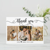 Elegant script bruiloft drie foto collage bedankkaart (Staand voorkant)