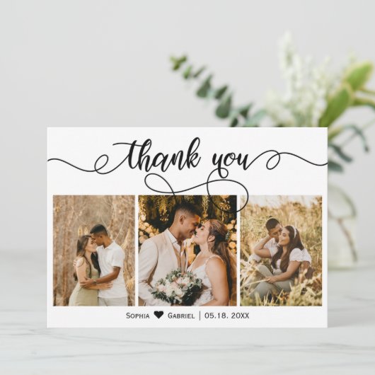 Elegant script bruiloft drie foto collage bedankkaart (Staand voorkant)