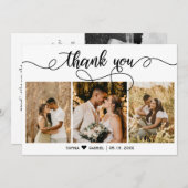 Elegant script bruiloft drie foto collage bedankkaart (Voorkant / Achterkant)