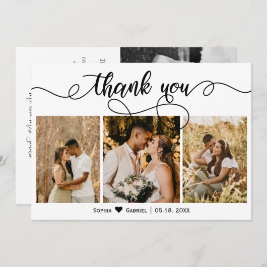 Elegant script bruiloft drie foto collage bedankkaart (Voorkant / Achterkant)