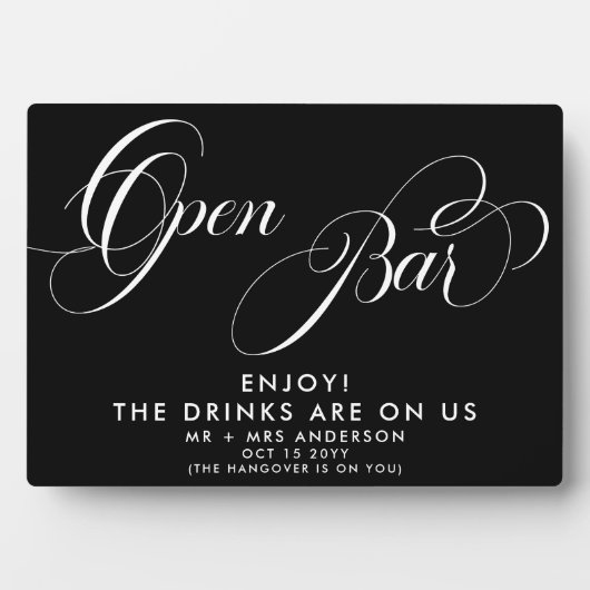 Elegant Script Bruiloft Open Bar Drink Menu Zwart Fotoplaat (voorkant)