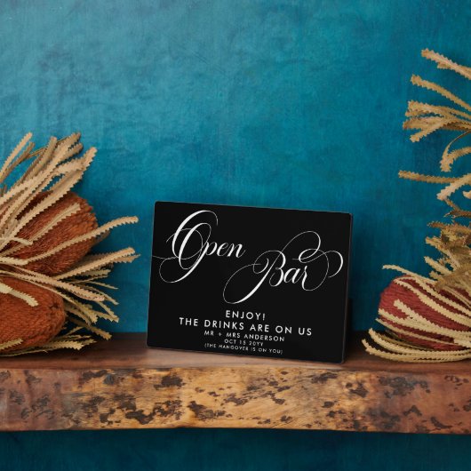 Elegant Script Bruiloft Open Bar Drink Menu Zwart Fotoplaat (Zijkant)