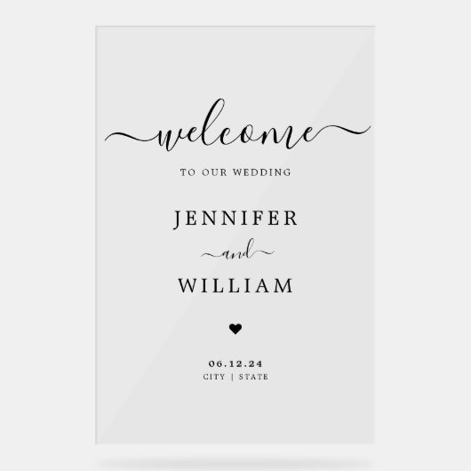 Elegant Script Bruiloft Party Welkom Zwart Acryl Bord (Voorkant)