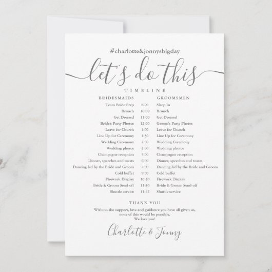 Elegant Script Bruiloft Schema Tijdlijn Kaart (Voorkant)