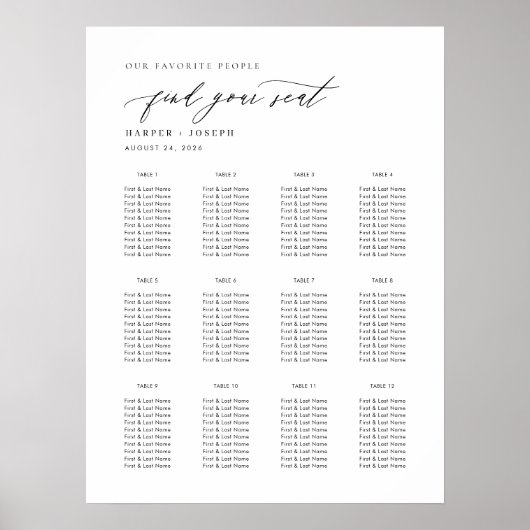 Elegant Script Bruiloft Tafel Zitgrafiek Poster (Voorkant)