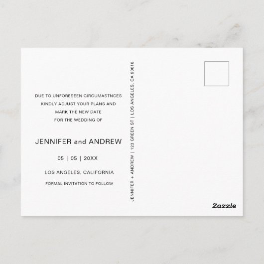 Elegant script bruiloft Verander de datum Briefkaa Briefkaart (Achterkant)