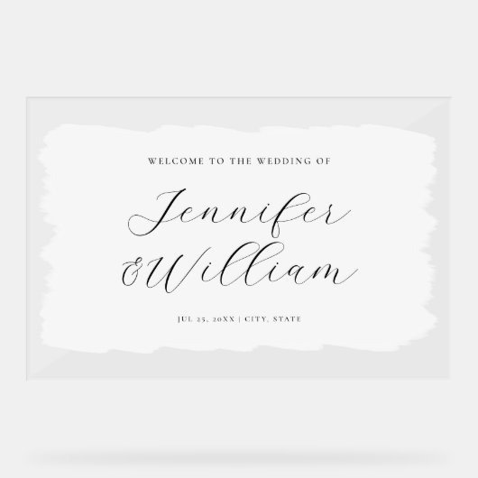 Elegant Script Bruiloft Welkom Verf Wit Zwart Acryl Bord (Voorkant)