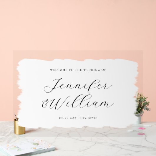 Elegant Script Bruiloft Welkom Verf Wit Zwart Acryl Bord (Huwelijk)