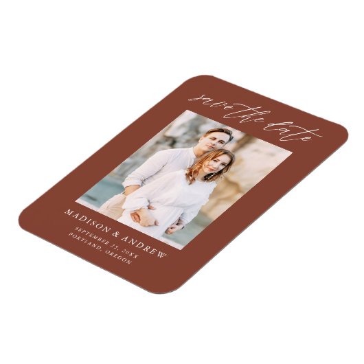 Elegant Script Bruine Foto Save The Date Magneet (Linkerzijde)