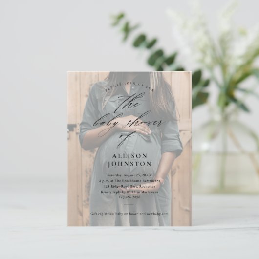 Elegant Script Budget Foto Baby shower Uitnodiging (Staand voorkant)