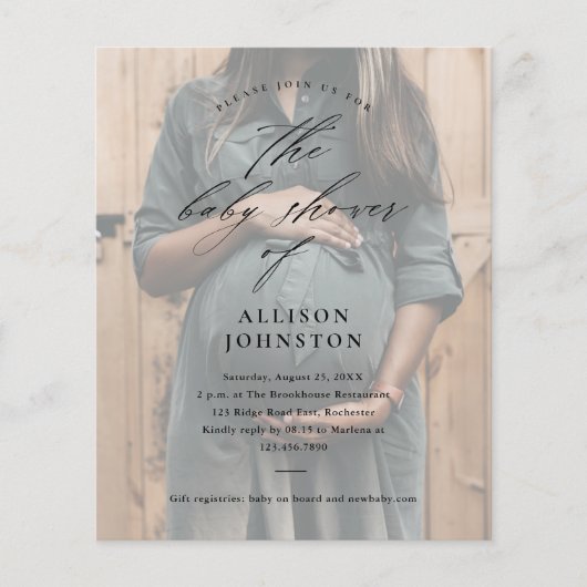 Elegant Script Budget Foto Baby shower Uitnodiging (Voorkant)