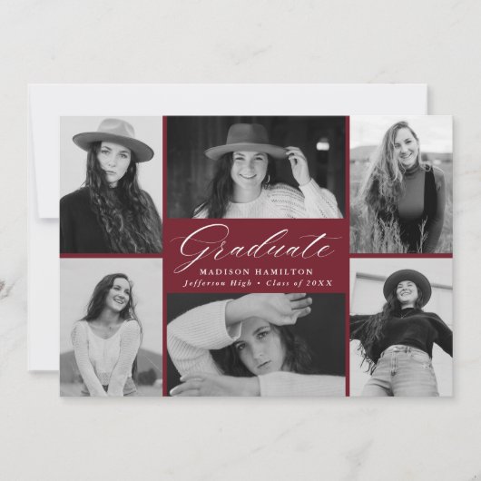 Elegant Script Burgundy 6 Photo Collage Afstuderen Aankondiging (Voorkant)
