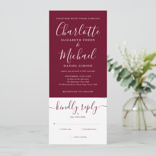 Elegant Script Burgundy all in one Wedding Kaart (Staand voorkant)