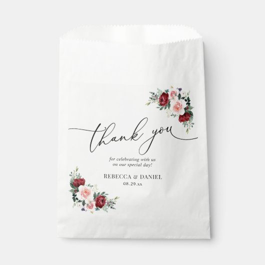 Elegant Script Burgundy Blush Floral Favor Bag Bedankzakje (Voorkant)