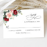 Elegant Script Burgundy Blush Floral Wedding RSVP Kaartje<br><div class="desc">Deze aanpasbare RSVP-kaart is ontworpen om te coördineren met ons Romantic Blooms bruiloft collectie. Deze kaart biedt waterverf-schoft en bloemen met groene bladeren en grafische teksten met een kalligrafiescript,  in combinatie met een klastig serif en een modern sans lettertype in zwart. Overeenkomende objecten beschikbaar.</div>