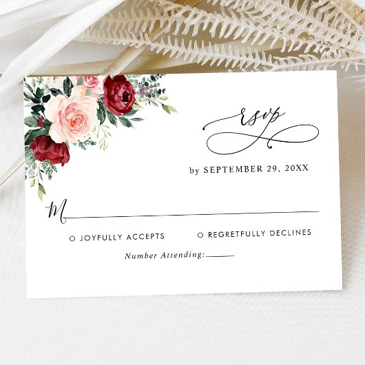 Elegant Script Burgundy Blush Floral Wedding RSVP Kaartje