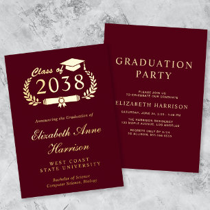 Elegant Script Burgundy College Graduparty Folie Uitnodiging
