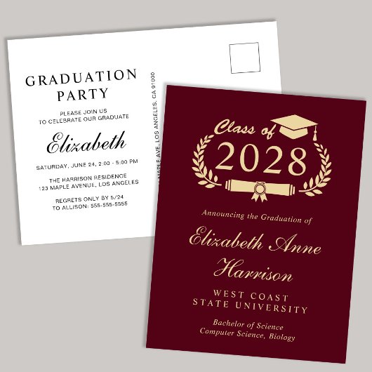 Elegant Script Burgundy College Graduparty Uitnodiging Briefkaart