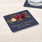 Elegant Script Burgundy Floral op Navy Blue Kartonnen Onderzetters (Schuin)