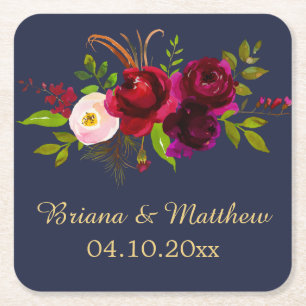 Elegant Script Burgundy Floral op Navy Blue Kartonnen Onderzetters