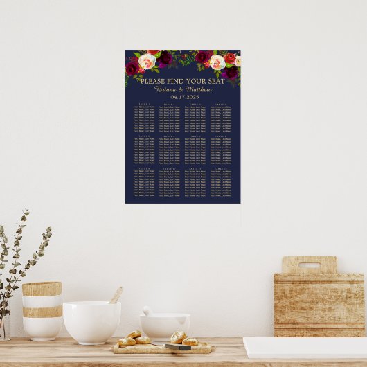 Elegant Script Burgundy Floral op Navy Blue Poster (Keuken)