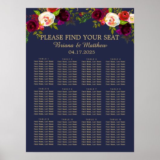 Elegant Script Burgundy Floral op Navy Blue Poster (Voorkant)