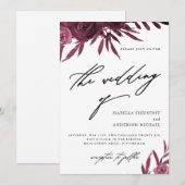 Elegant Script Burgundy Floral Wedding Kaart (Voorkant / Achterkant)