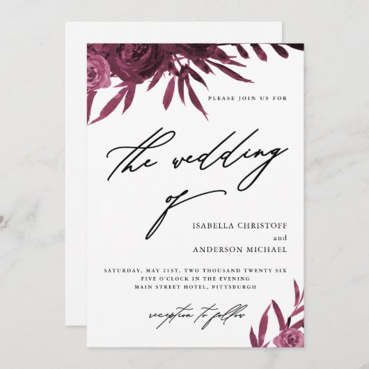 Elegant Script Burgundy Floral Wedding Kaart (Voorkant / Achterkant)