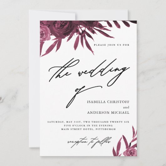 Elegant Script Burgundy Floral Wedding Kaart (Voorkant)