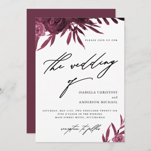 Elegant Script Burgundy Floral Wedding Kaart (Voorkant / Achterkant)