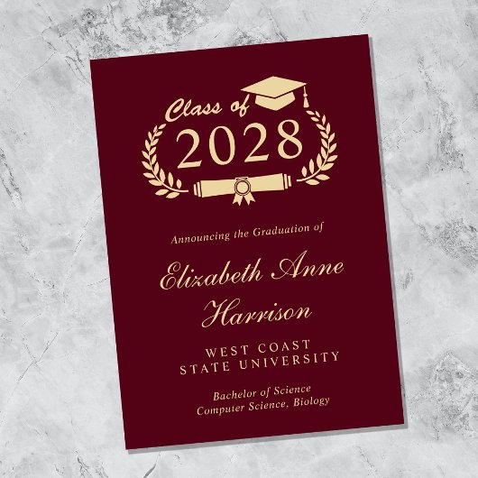 Elegant Script Burgundy Gold College Graduing Aankondiging