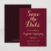 Elegant Script Burgundy Gold Wedding Verloving Save The Date (Voorkant / Achterkant)