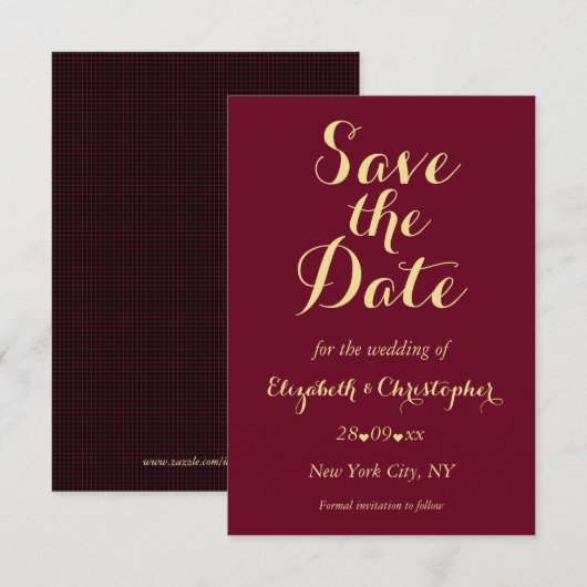 Elegant Script Burgundy Gold Wedding Verloving Save The Date (Voorkant / Achterkant)