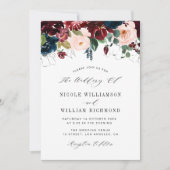 Elegant script burgundy & Navy blue floral bruilof Kaart (Voorkant)