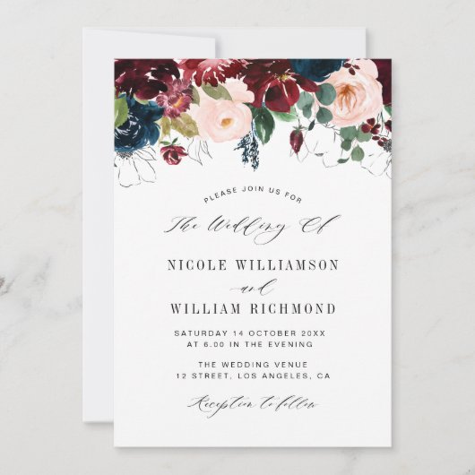 Elegant script burgundy & Navy blue floral bruilof Kaart (Voorkant)