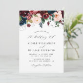 Elegant script burgundy & Navy blue floral bruilof Kaart (Staand voorkant)