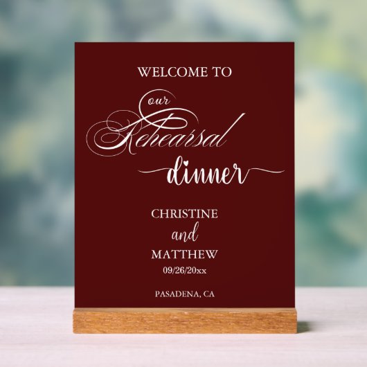 Elegant Script Burgundy Oefenavond Welcome Acryl Bord (Neutraal)
