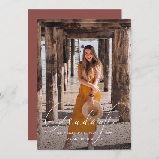 Elegant Script Burgundy Photo Graduparty Kaart (Voorkant / Achterkant)