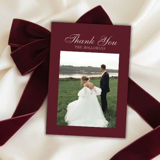 Elegant Script Burgundy Red Flat Thank You Card Bedankkaart