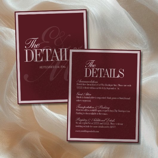 Elegant Script Burgundy Red Formal Wedding Details Informatiekaartje