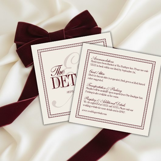 Elegant Script Burgundy Red Formal Wedding Details Informatiekaartje