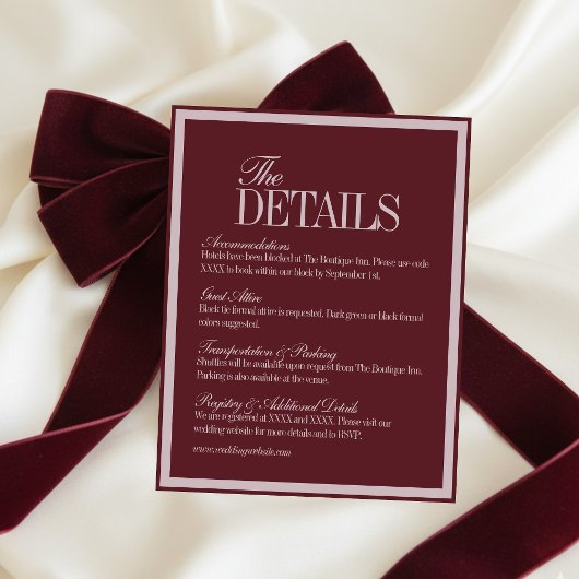 Elegant Script Burgundy Red Formal Wedding Details Informatiekaartje