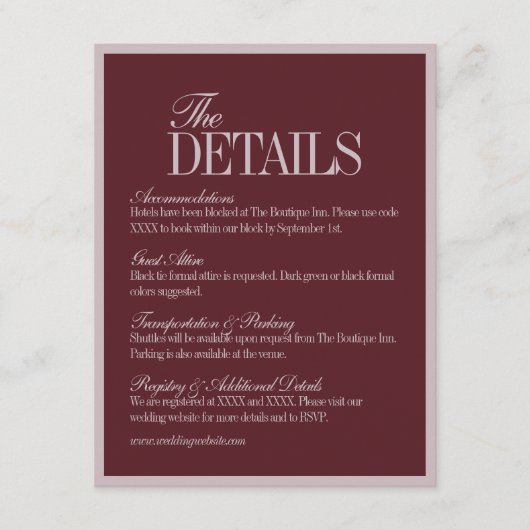 Elegant Script Burgundy Red Formal Wedding Details Informatiekaartje (Voorkant)