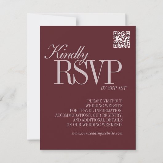 Elegant Script Burgundy Red QR Code Formal Wedding RSVP Kaartje (Voorkant)
