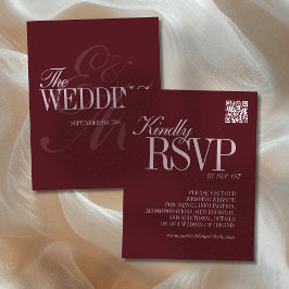 Elegant Script Burgundy Red QR Code Formal Wedding RSVP Kaartje