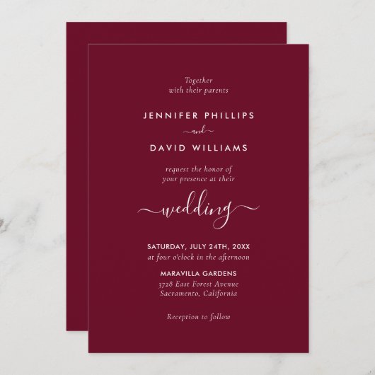 Elegant Script Burgundy Wedding Invitation Kaart (Voorkant / Achterkant)